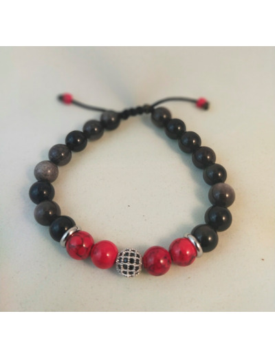 Bracelet ajustable obsidienne / jade rouge / perle argenté-noir