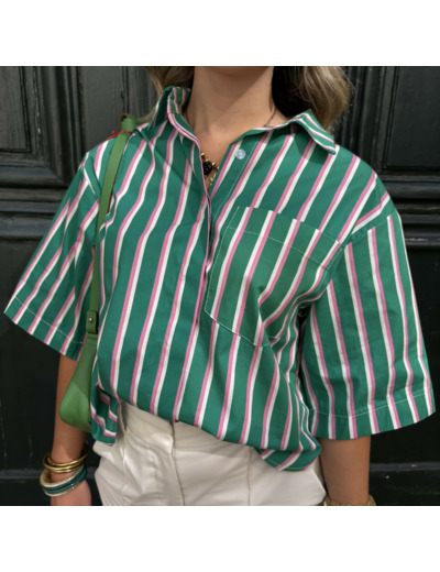 Blouse Marie île de Ré à rayures gazon et rose