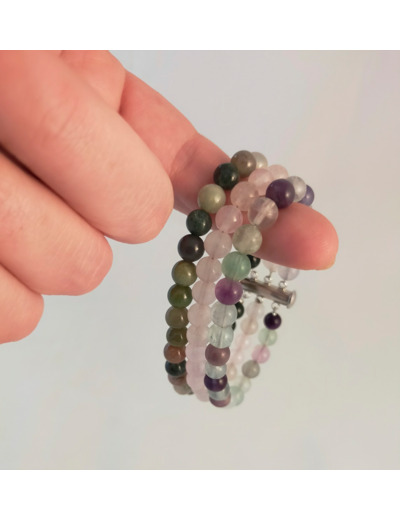 Bracelet triple fluorite/quartz rose/agate indienne