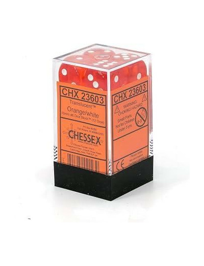 CHESSEX - Set de 12 dés 6 - TRANSPARENT - Orange/Blanc