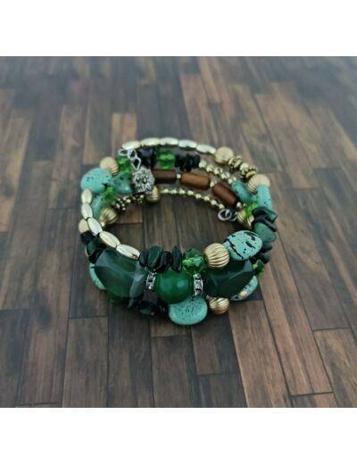 Bracelet multi-rangs vert/marron/doré