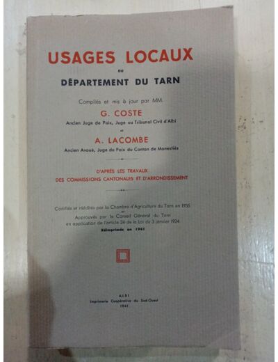 USAGES LOCAUX DU DÉPARTEMENT DU TARN EN 1935