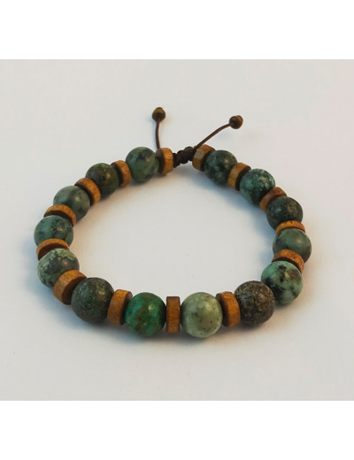 Bracelet ajustable turquoise africaine et bois