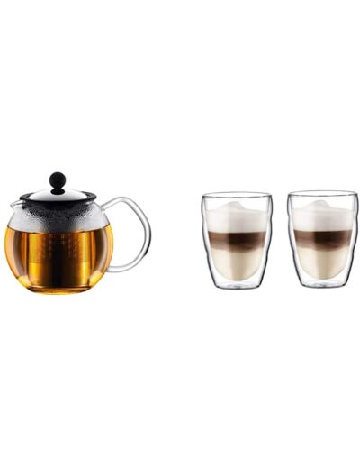 Bodum - 1807-16 - ASSAM - Théière à piston, filtre Transparent - 0,5 L & 10484-10 - Pilatus - Set de 2 Verres Double Paroi - 25 cl 0,5 L + Set de 2 Verres