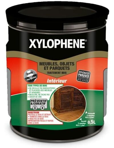 XYLOPHÈNE - Traitement bois intérieur meubles/objets/parquets - Anti Insectes - Traitement Préventif et Curatif - Incolore - 0,5L