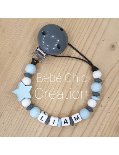Attache sucette prénom personnalise Bleu ciel blanc et Anthracite